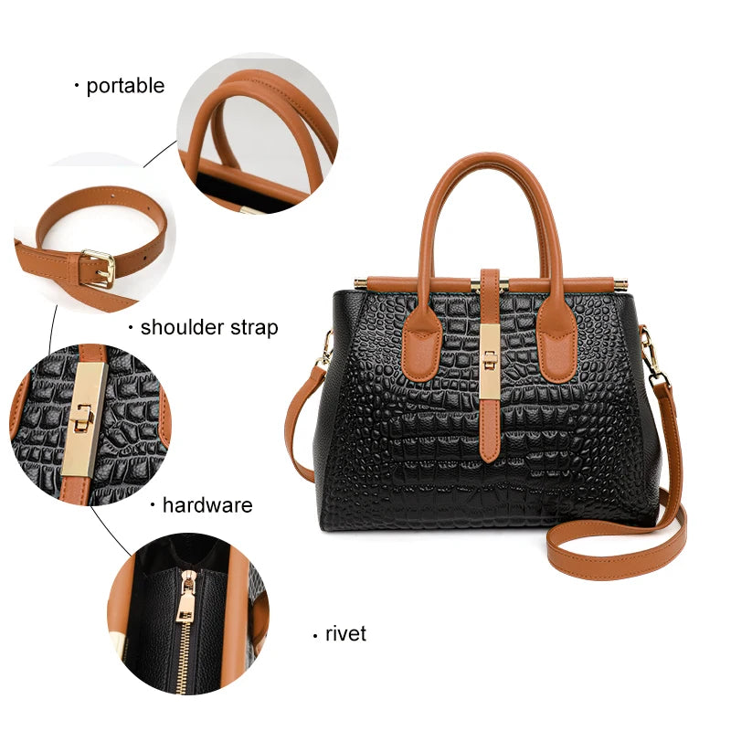 New Croc Pattern Cowhide Tote Bag Women Brown Contrast Handle Metal Lock Adjustable Crossbody Daily Handbag-5