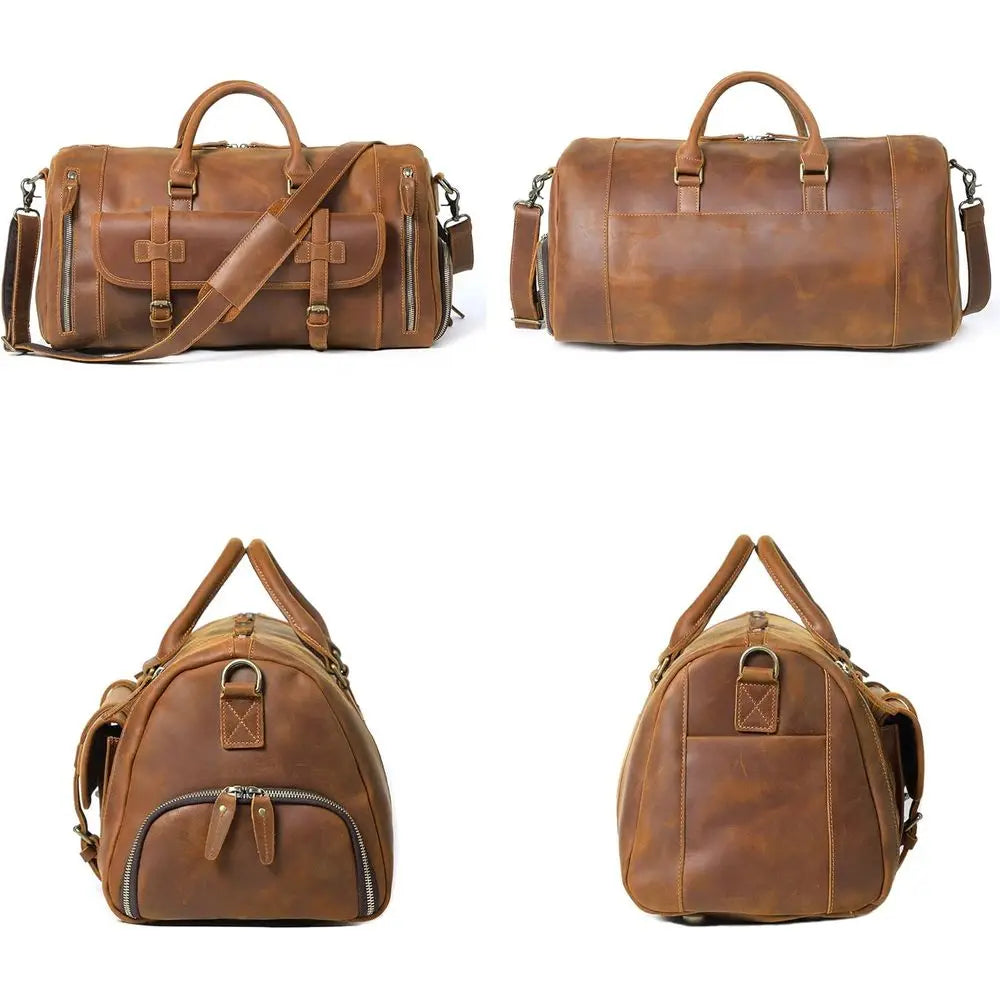 Light Brown Genuine Leather Weekender Bag for Men: Travel & Gym Duffle-8