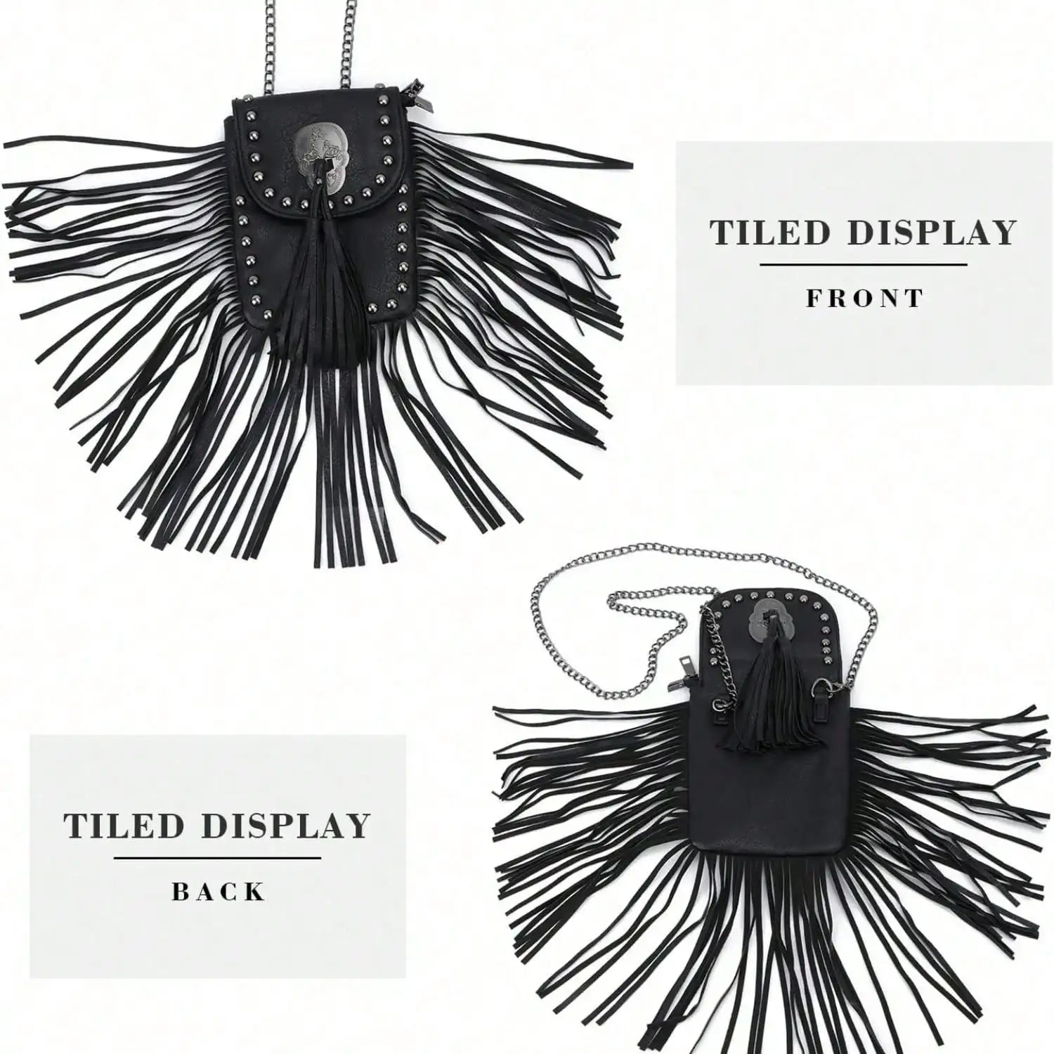 Gothic Punk Leather Skull Fringe Purses for Women Black Tassel Shoulder Crossbody Bag Unique Handbag with Skull Detailing-4