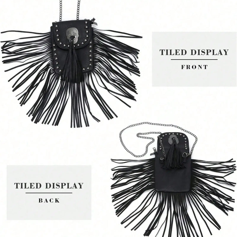 Gothic Punk Leather Skull Fringe Purses for Women Black Tassel Shoulder Crossbody Bag Unique Handbag with Skull Detailing-4