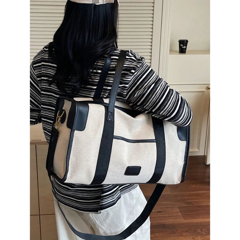 Large Duffel Bag Travel Contrast Color Boston Shoulder Bag Black Brown Beige for Luggage Suitcase-7