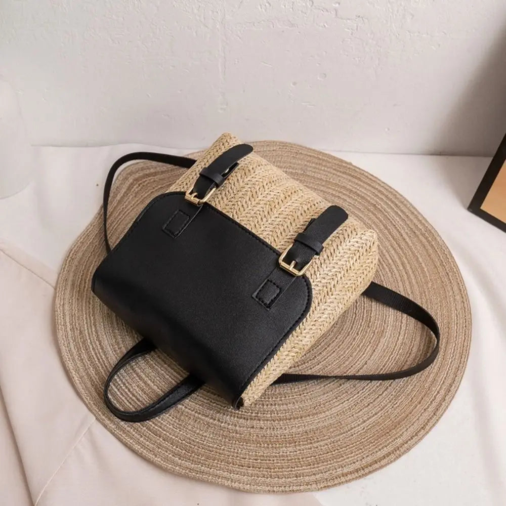 Fashion PU Leather Straw Backpack Retro Design Elegant Look Woven Backpack Luxury Vintage Style Satchel Bag All-match Style-15