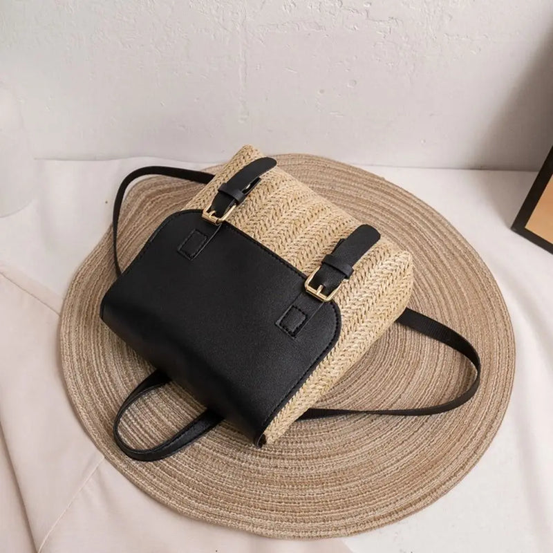 Fashion PU Leather Straw Backpack Retro Design Elegant Look Woven Backpack Luxury Vintage Style Satchel Bag All-match Style-15