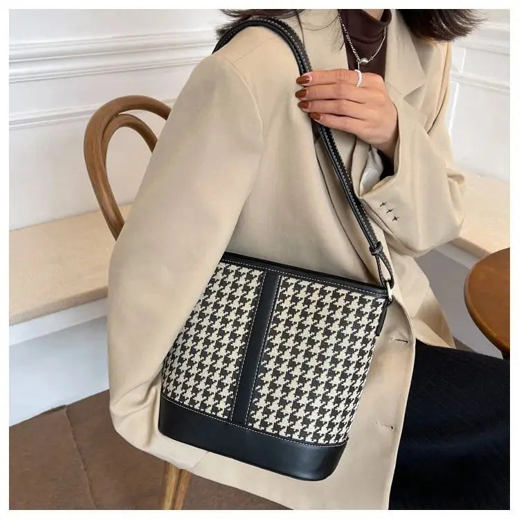 Houndstooth bucket shoulder bag with brown leather trim, adjustable shoulder strap, large-capacity vintage women's tote handbag.-3