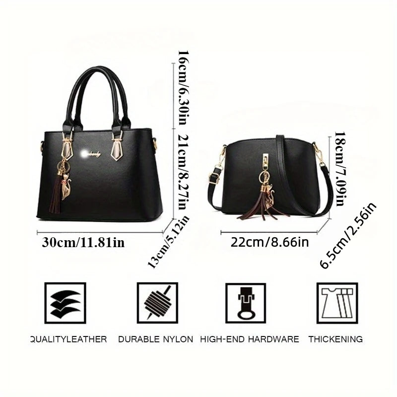 2Pcs Women Handbag Set Elegant Black PU Leather Large Capacity Tote Handbag Designer Small Crossbody Messenger Bag Ladies Wedding Party Shoulder Bags Gift For Women-3