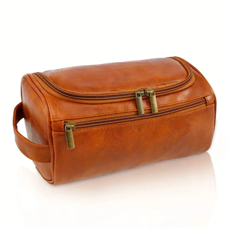 Brown PU Leather Travel Toiletry Bag, Single Handed with Metal Zipper Large Capacity Toiletry Bag 9.84x5.1x5.1inches Portable Personal Care Bag Ideal Gift for Women Men in Festival Party-5