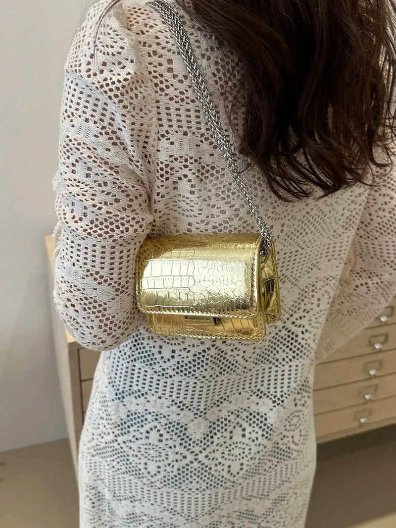 Mini Square Croc-Embossed PU Leather Crossbody Bag With Metal Chain Strap Flap Closure For Women-5