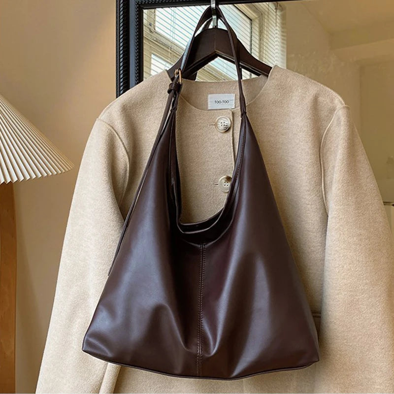 Women Hobo Bag Simple PU Leather Solid Shoulder Bag Fashion Large Capacity Tote Handbag Slouchy Underarm Bag-26