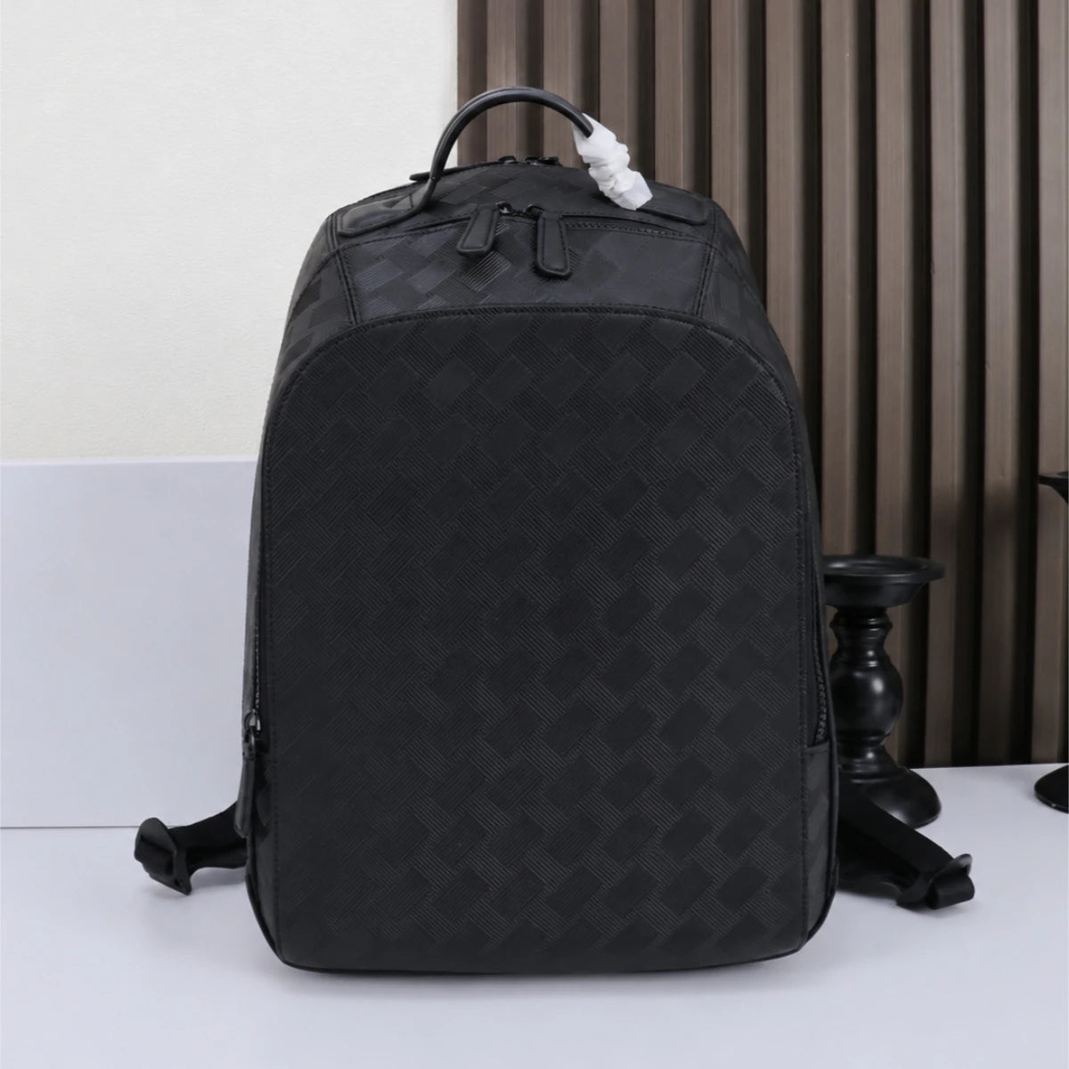 Luxury Designer Men Medium Backpack Genuine Leather 14 Laptop Bag Woven Texture Travel Rucksack Business Daypack Classic Black