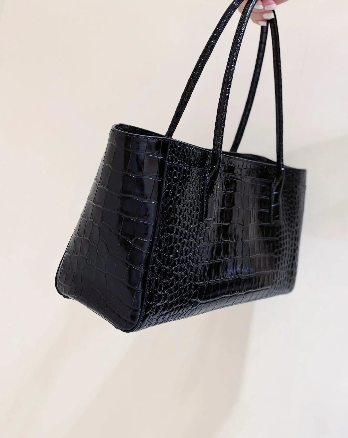 Glossy Black Croc Embossed Leather Tote Bag, Single Wide Top Handle Large Capacity Office Shoulder Purse, Luxury Designer Inspired Minimalist Business Women Daily Handbag