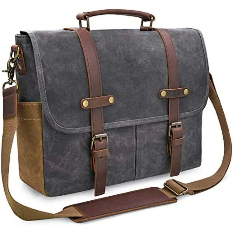 Mens Messenger Bag 15.6 Inch Waterproof Vintage Genuine Leather Waxed Canvas Briefcase Large Leather Computer Laptop Bag Rugged-14