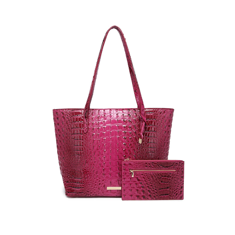 Glossy Croc Embossed Tote Bag with Detachable Wristlet Set, Large Capacity Shoulder Tote for Work Travel Beach Outdoor Activitie-14