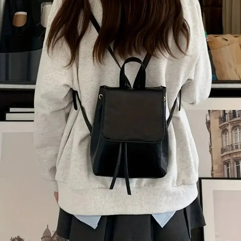 2025 Small Drawstring Flap Backpack Women Mini PU Leather Textured School Backpack Fashion Travel Commuter Bag Girl-14