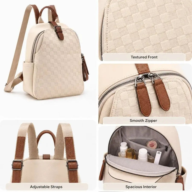 Womens Mini Checkerboard Faux Leather Backpack With Adjustable Straps For Daily Casual Use-4