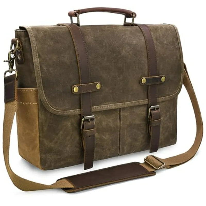 Mens Messenger Bag 15.6 Inch Waterproof Vintage Genuine Leather Waxed Canvas Briefcase Large Leather Computer Laptop Bag Rugged-16