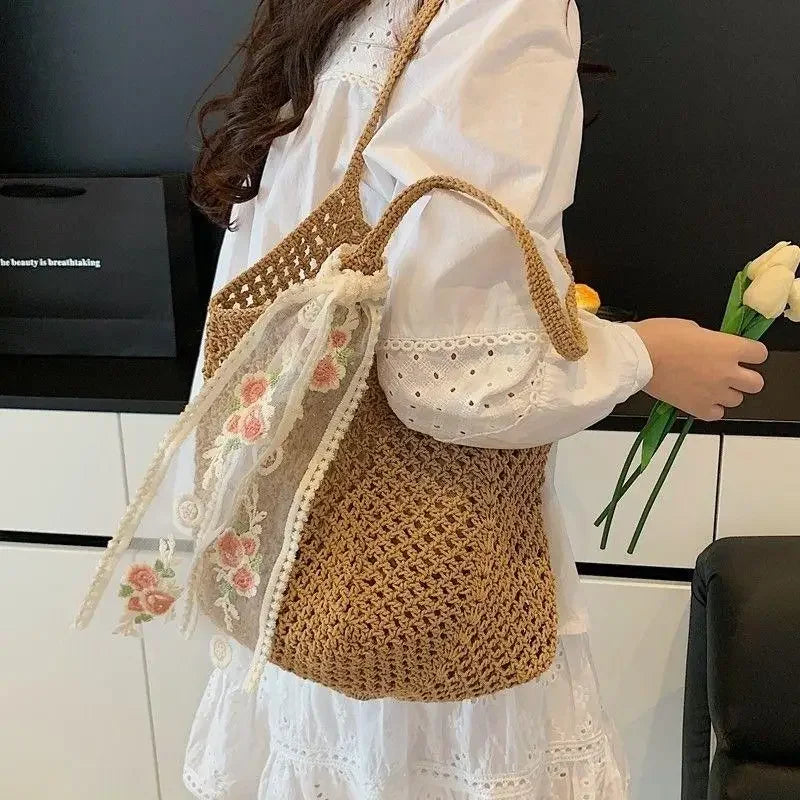 Handmade Wicker Tote Bag Large Capacity Single Shoulder Natural Rattan Casual Light Beach Vacation Daily Women Messenger Bag-9