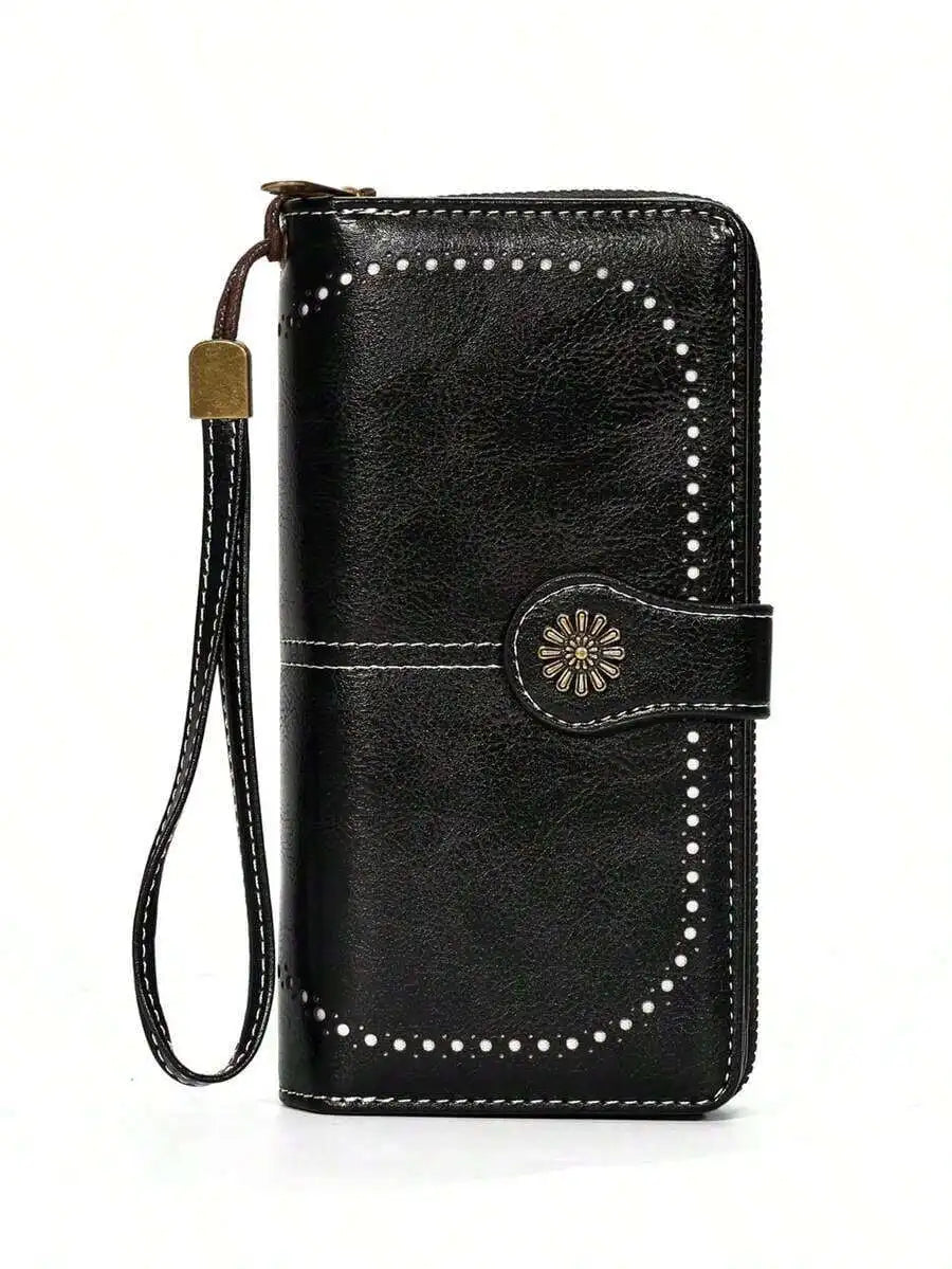 PU Leather Womens Long Wallet With Wrist Strap Large Capacity Coin Purse Card Holder Clutch Bag-6