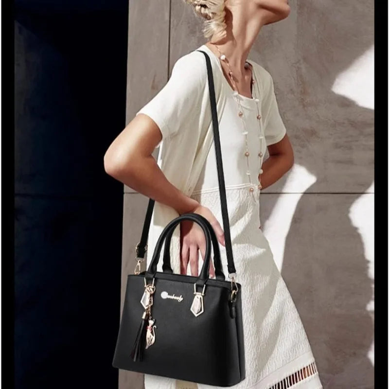 2Pcs Women Handbag Set Elegant Black PU Leather Large Capacity Tote Handbag Designer Small Crossbody Messenger Bag Ladies Wedding Party Shoulder Bags Gift For Women-6