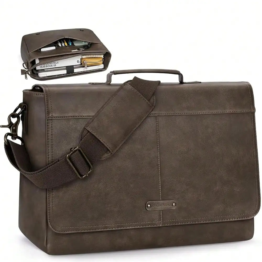 Vintage Flap Messenger Bag For Men PU Leather Laptop Bag 15.6 Inch Mens Briefcase Waterproof Satchel Computer Bag-1