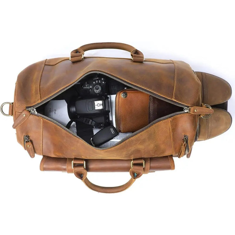 Light Brown Genuine Leather Weekender Bag for Men: Travel & Gym Duffle-5