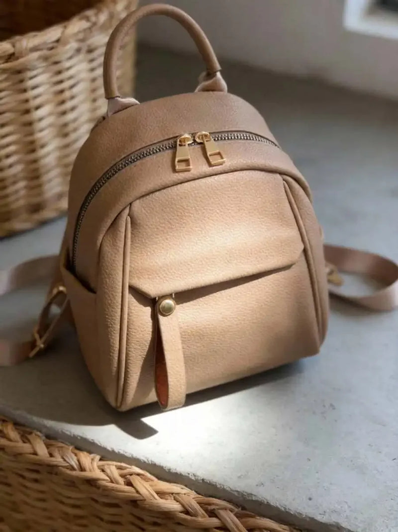 Womens Small PU Leather Backpack With Zipper Closure Top Handle Multi Pocket Daily Travel Bag-4