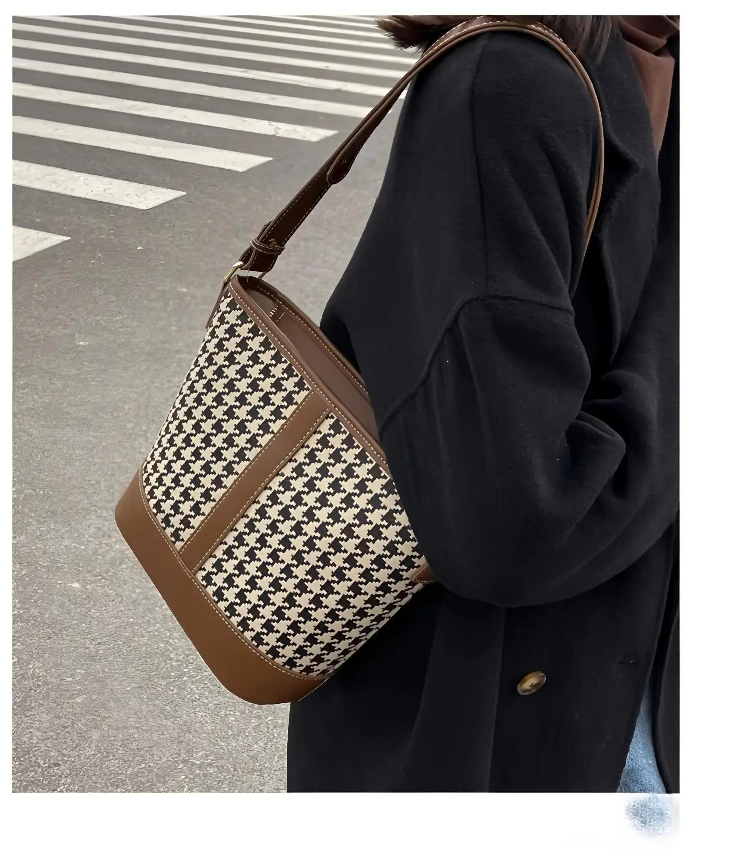Houndstooth bucket shoulder bag with brown leather trim, adjustable shoulder strap, large-capacity vintage women's tote handbag.-9