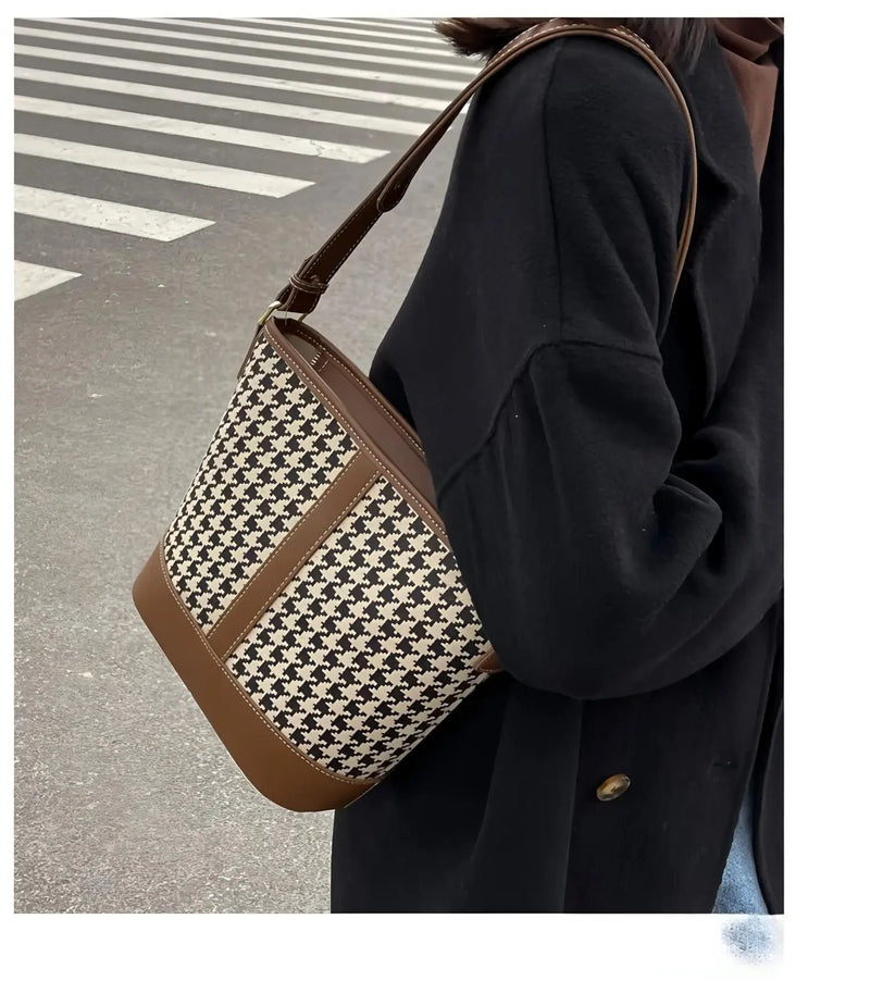 Houndstooth bucket shoulder bag with brown leather trim, adjustable shoulder strap, large-capacity vintage women's tote handbag.-9