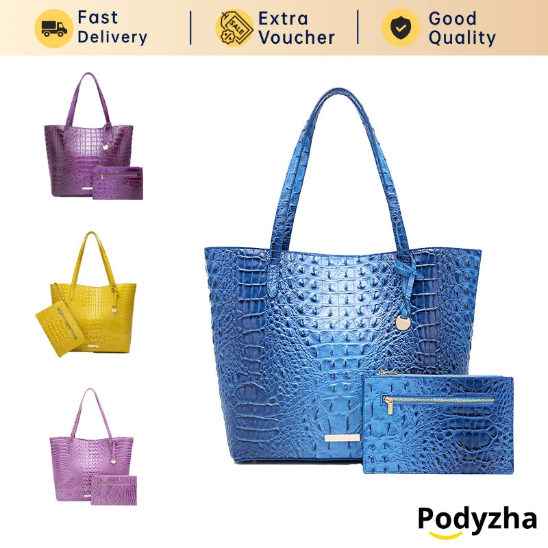 Glossy Croc Embossed Tote Bag with Detachable Wristlet Set, Large Capacity Shoulder Tote for Work Travel Beach Outdoor Activitie-11