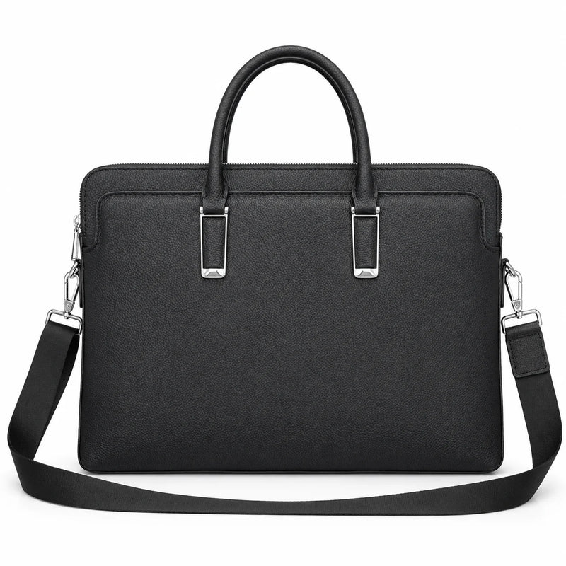 Classic Mens Top Handle Bags Black Genuine Leather Briefcase Business Office Travel Shoulder Bags Luxury Laptop Handbags for Men Work-1