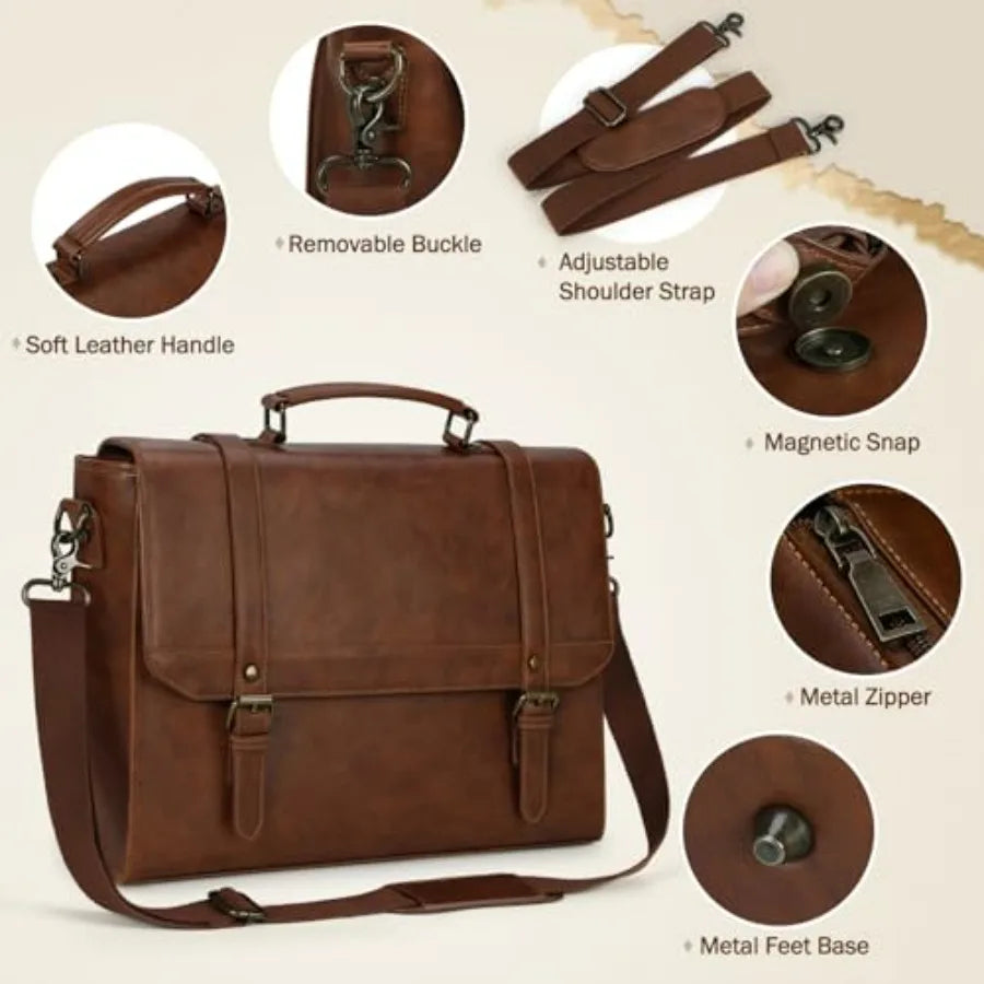 Messenger Bag for Men Vintage Leather Waterproof Laptop Briefcase Large Computer Laptop Bag Leather Satchel Bag Retro Shoulder-12