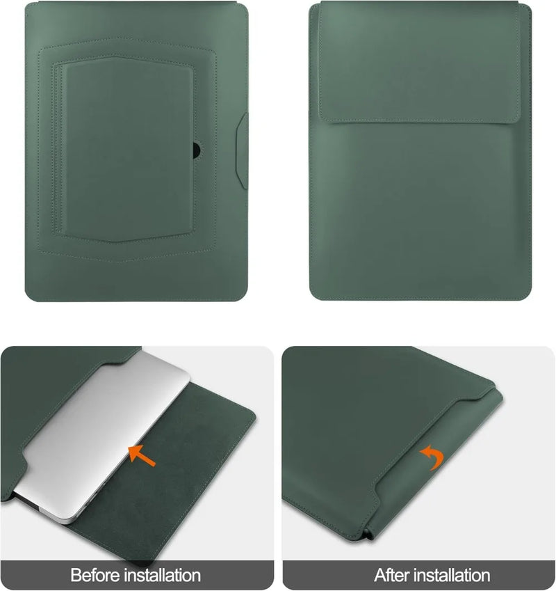 13-14" Laptop Sleeve Case with Adjustable Stand, Waterproof Leather, Green-2