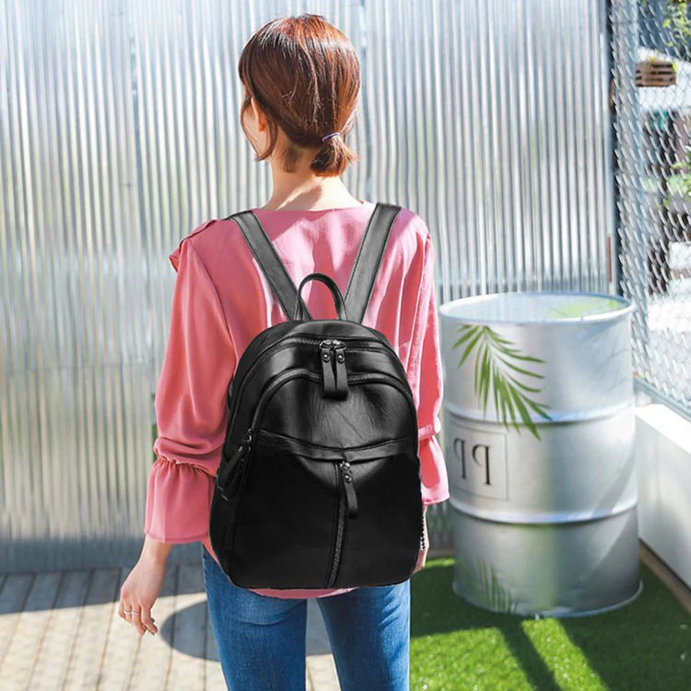 Popular Women Large Capacity Travel Knapsacks Solid Color PU Leather Shoulder Backpacks  Zipper Rucksack