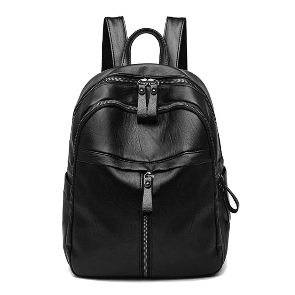 Popular Women Large Capacity Travel Knapsacks Solid Color PU Leather Shoulder Backpacks  Zipper Rucksack-14