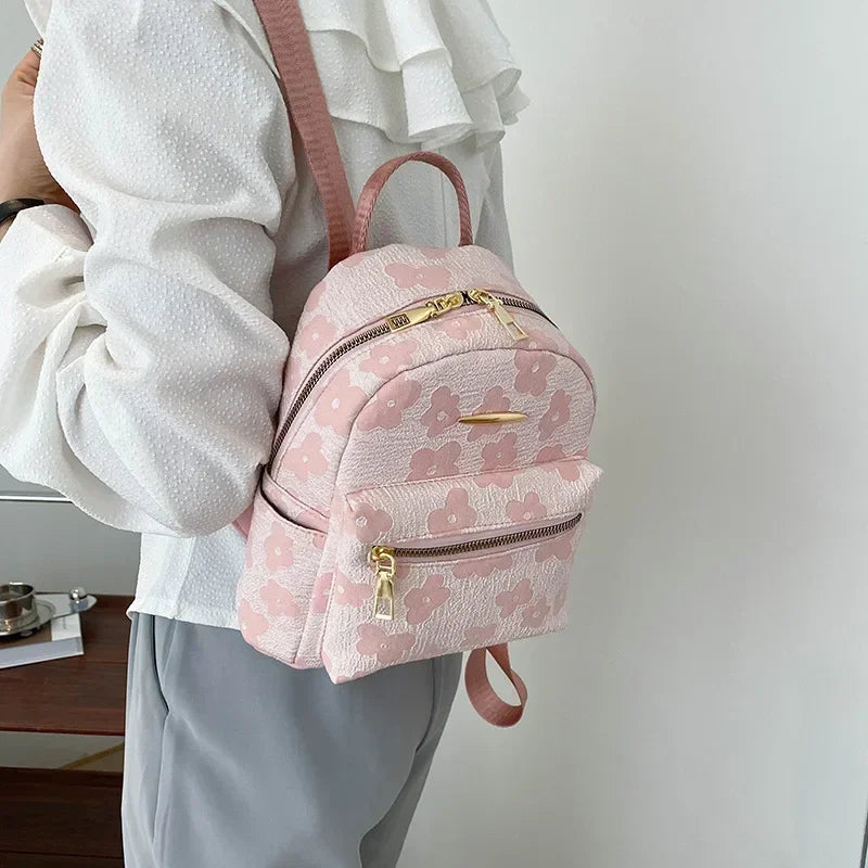 Floral Mini PU Backpack Small Capacity Multi Function PU Leather Double Shoulder School Travel Young Ladies Soft Sweet Bag-19