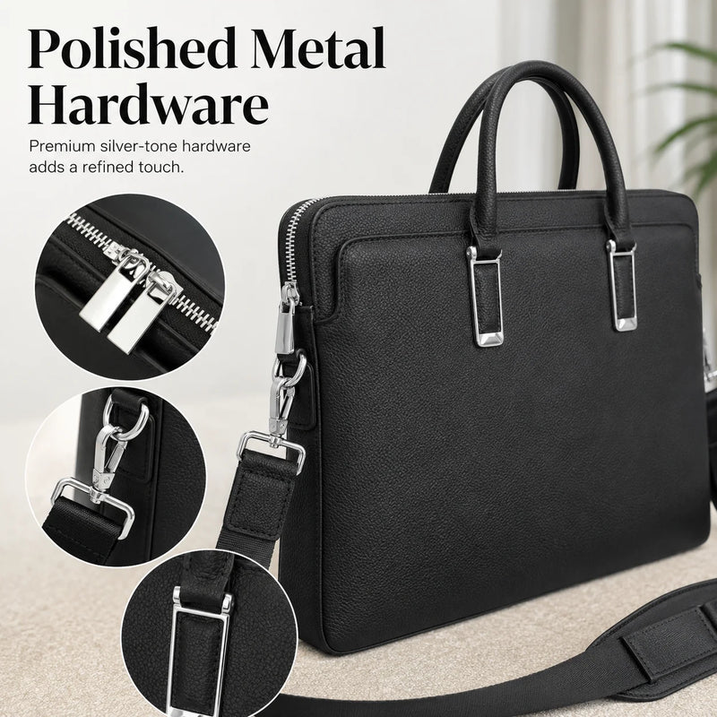 Classic Mens Top Handle Bags Black Genuine Leather Briefcase Business Office Travel Shoulder Bags Luxury Laptop Handbags for Men Work-8
