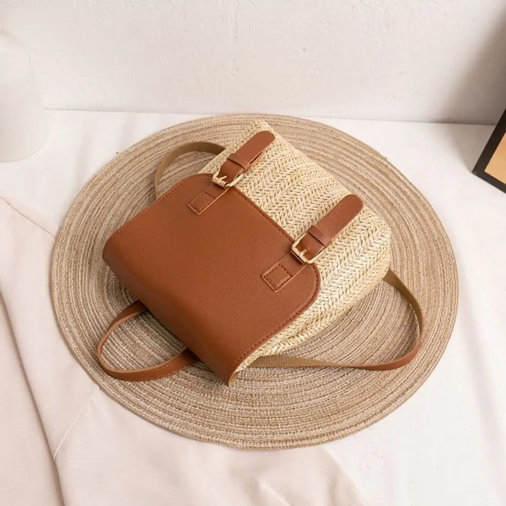 Fashion PU Leather Straw Backpack Retro Design Elegant Look Woven Backpack Luxury Vintage Style Satchel Bag All-match Style-9