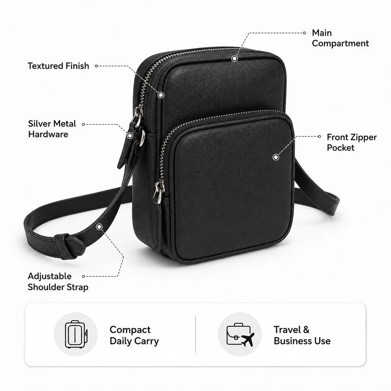Luxury Men Small Crossbody Bag Designer Saffiano Leather Messenger Mini Square Sling Purse Business Phone Pouch Classic Black-5