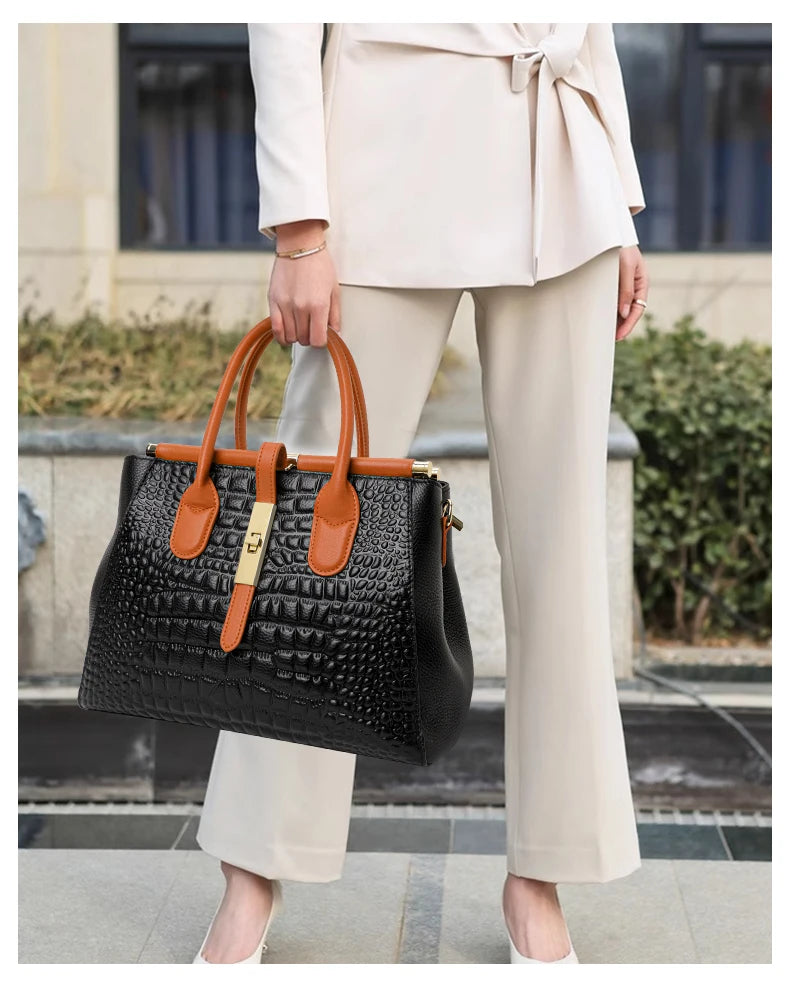 New Croc Pattern Cowhide Tote Bag Women Brown Contrast Handle Metal Lock Adjustable Crossbody Daily Handbag-7