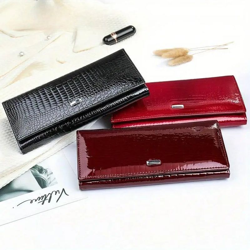 New Shiny Leather Cowhide Wallet Women's Long Leather Money Clip Bag, Evening Bag-2