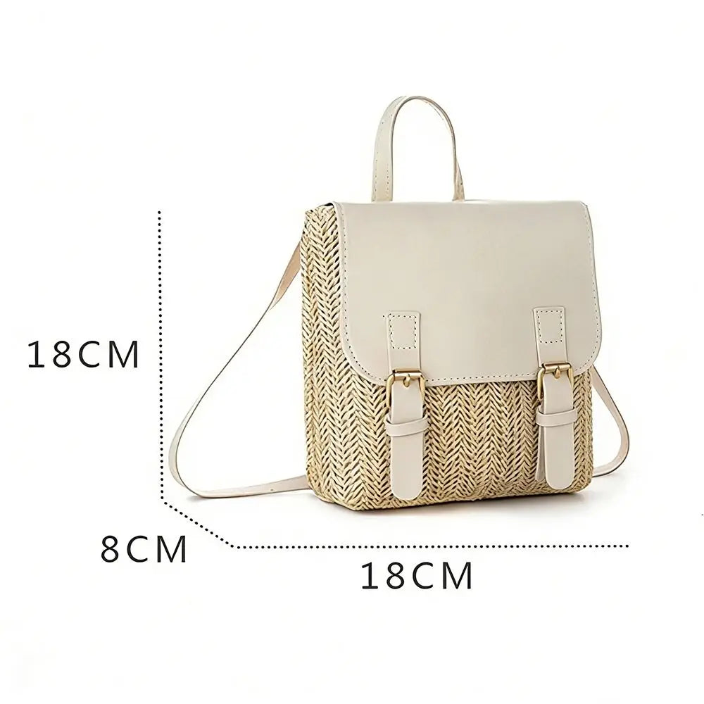 Fashion PU Leather Straw Backpack Retro Design Elegant Look Woven Backpack Luxury Vintage Style Satchel Bag All-match Style-7
