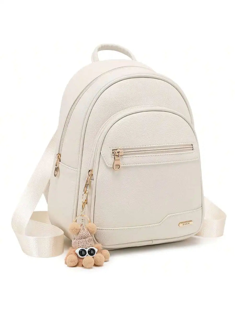 Mini PU Leather Backpack For Women With Doll Charm, Triple Zipper, Large Capacity, Casual Style-1