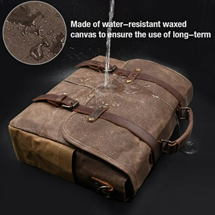 Mens Messenger Bag 15.6 Inch Waterproof Vintage Genuine Leather Waxed Canvas Briefcase Large Leather Computer Laptop Bag Rugged-8