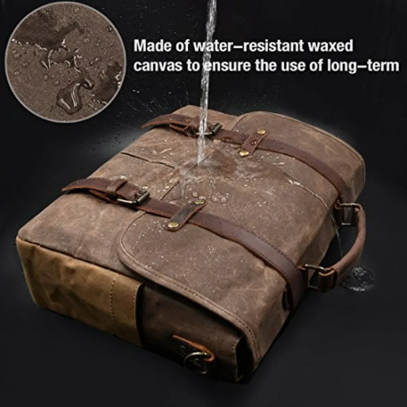 Mens Messenger Bag 15.6 Inch Waterproof Vintage Genuine Leather Waxed Canvas Briefcase Large Leather Computer Laptop Bag Rugged-8
