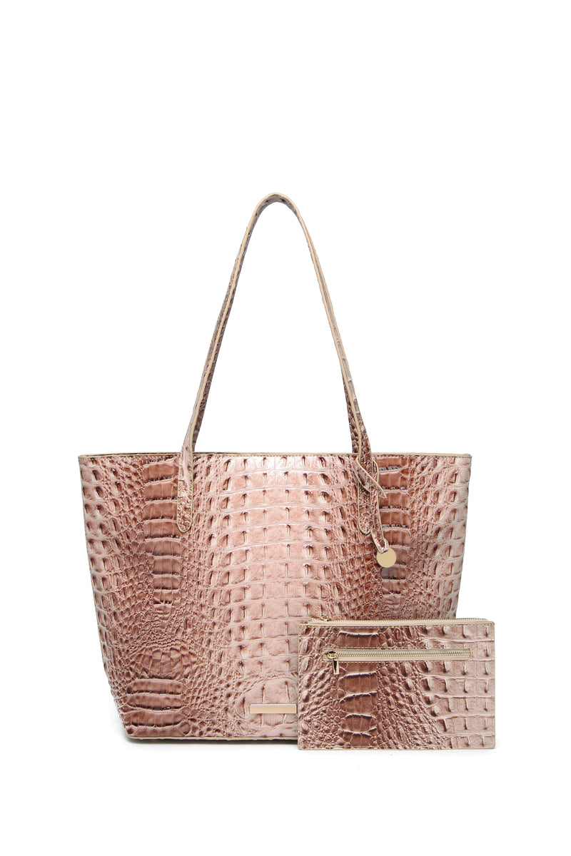 Glossy Croc Embossed Tote Bag with Detachable Wristlet Set, Large Capacity Shoulder Tote for Work Travel Beach Outdoor Activitie-19