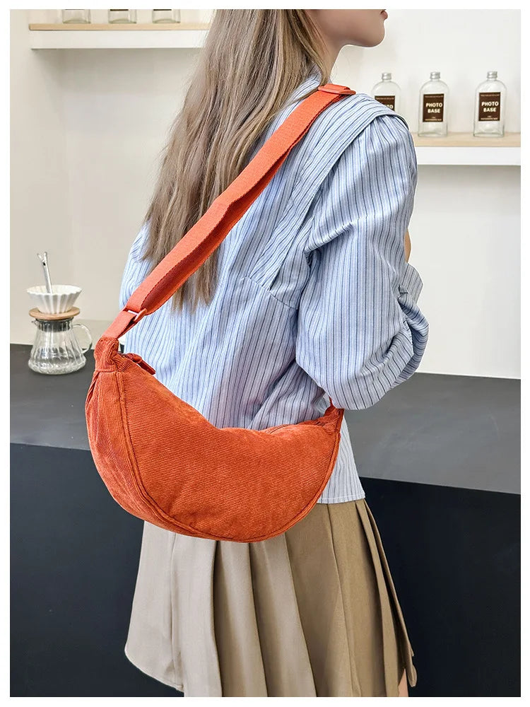 Solid Color Corduroy Women's Hobos Shoulder Bag Retro Casual Female Crossbody Bags Ladies Daily Travel Handbags Messenger Bag-34