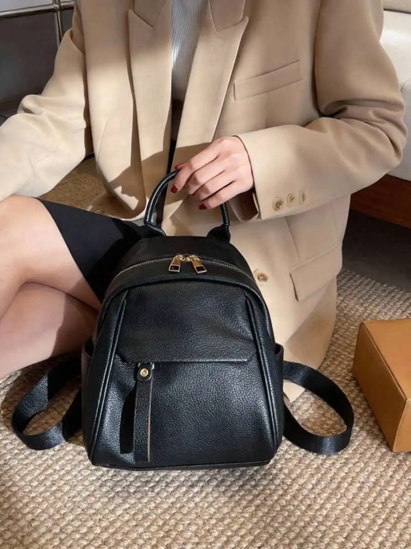 Womens Small PU Leather Backpack With Zipper Closure Top Handle Multi Pocket Daily Travel Bag-11