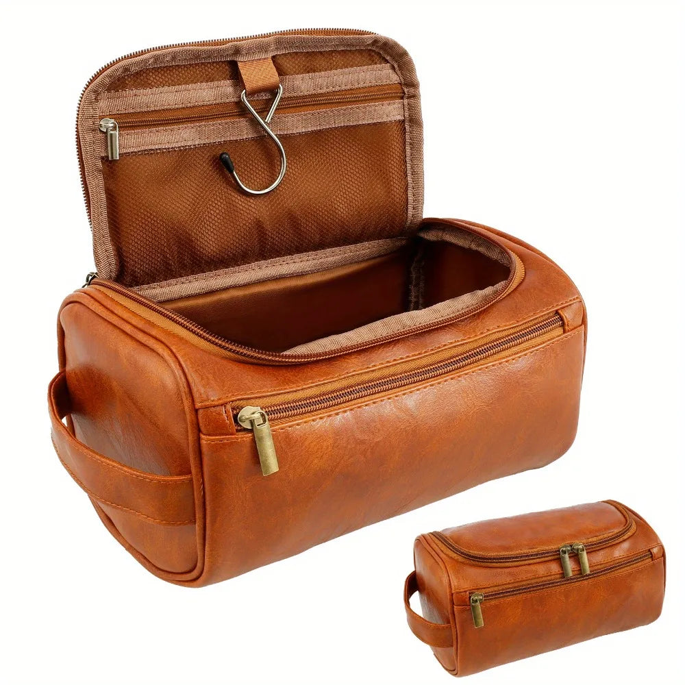 Brown PU Leather Travel Toiletry Bag, Single Handed with Metal Zipper Large Capacity Toiletry Bag 9.84x5.1x5.1inches Portable Personal Care Bag Ideal Gift for Women Men in Festival Party-12
