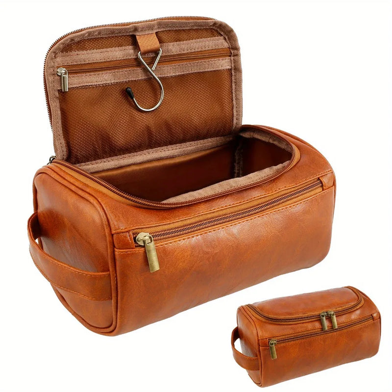 Brown PU Leather Travel Toiletry Bag, Single Handed with Metal Zipper Large Capacity Toiletry Bag 9.84x5.1x5.1inches Portable Personal Care Bag Ideal Gift for Women Men in Festival Party-12