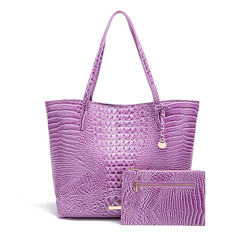 Glossy Croc Embossed Tote Bag with Detachable Wristlet Set, Large Capacity Shoulder Tote for Work Travel Beach Outdoor Activitie-18