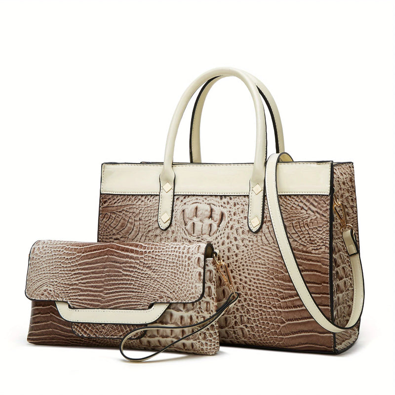 Pu Leather Crocodile Pattern Women's Fashion Bag Set Shoulder Bag Larger Capacity Tote with Multiple Compartments Crossbody Handbag Clutch Purse-18
